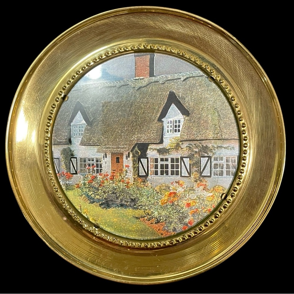 Vintage 1930s Rego Brass and Foil Artwork Wall Plate - Cottage Scenery - England
